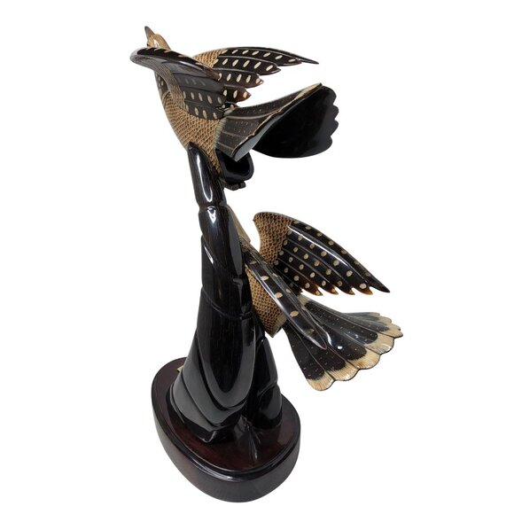 Vintage Hainan Natural Hand Carved Sculpted Twin Bird On A Log Of Ox Horn - Picture 7 of 9